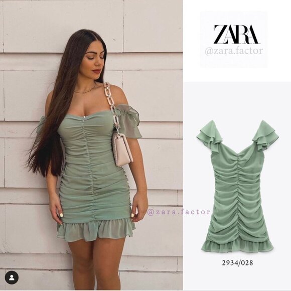 Zara Ruffled Sleeve Draped Mini Dress Green Size Small - Picture 6 of 13